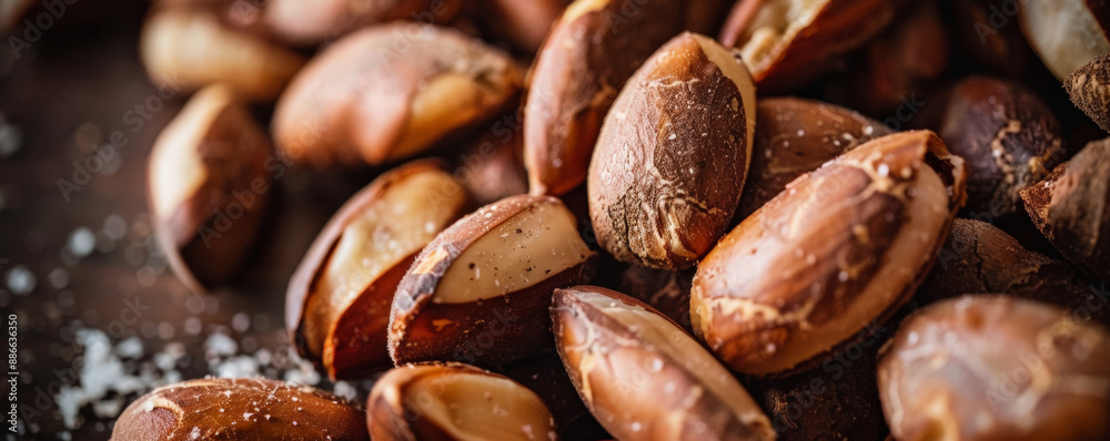Obraz premium A macro view of a pile of roasted Brazil nuts, highlighting their rich, creamy color and smooth texture. The Brazil nuts are placed on a dark wooden background.