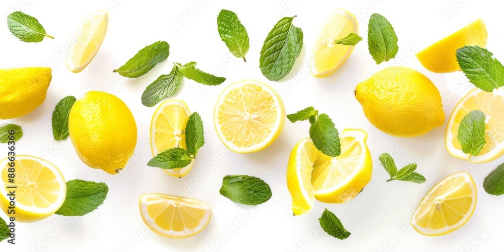 Fresh flying lemons and mint leaves isolated on white Fresh flying lemons and mint leaves isolated on white