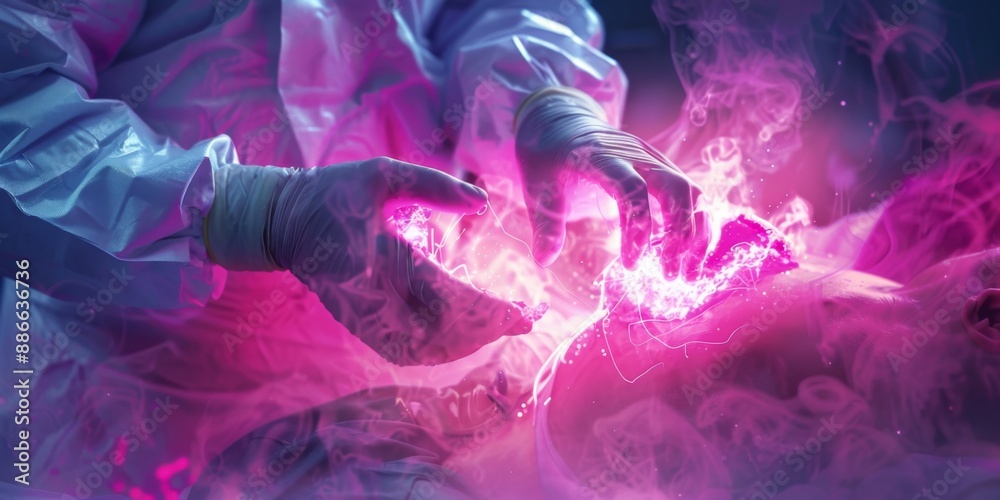 A surgeon's hand removes the disease organ in the patient, a lot of pink glowing smoke comes out of the surgeon's chest and enters the patient's stomach on the operating table A surgeon's hand removes the disease organ in the patient, a lot of pink glowing smoke comes out of the surgeon's chest and enters the patient's stomach on the operating table