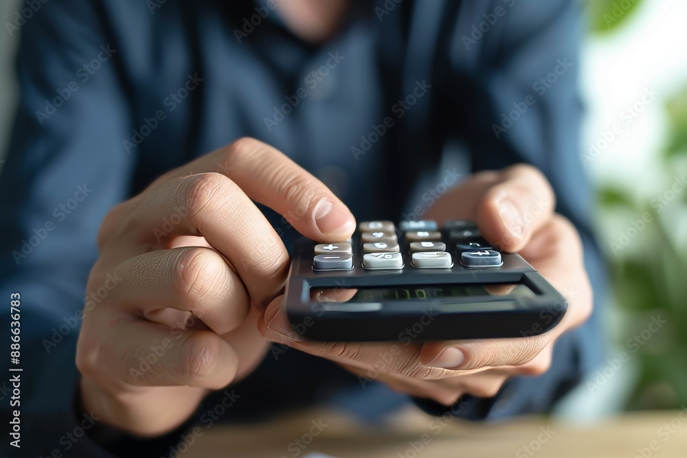 close-up, male hands pressing buttons on a calculator, budget calculation concept close-up, male hands pressing buttons on a calculator, budget calculation concept