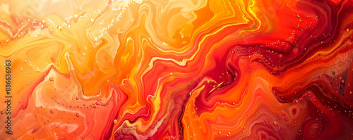 Abstract fluid art background featuring vibrant reds, oranges, and yellows blending seamlessly, creating a fiery and energetic scene with intricate swirls.