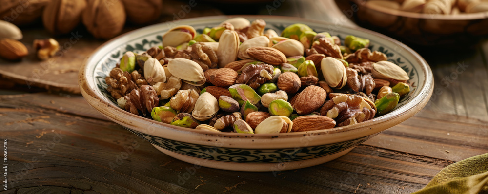 A detailed shot of a selection of mixed nuts, including pistachios, walnuts, and almonds, in a ceramic dish on a polished wooden table. The varied textures and colors create a visually appealing scene A detailed shot of a selection of mixed nuts, including pistachios, walnuts, and almonds, in a ceramic dish on a polished wooden table. The varied textures and colors create a visually appealing scene
