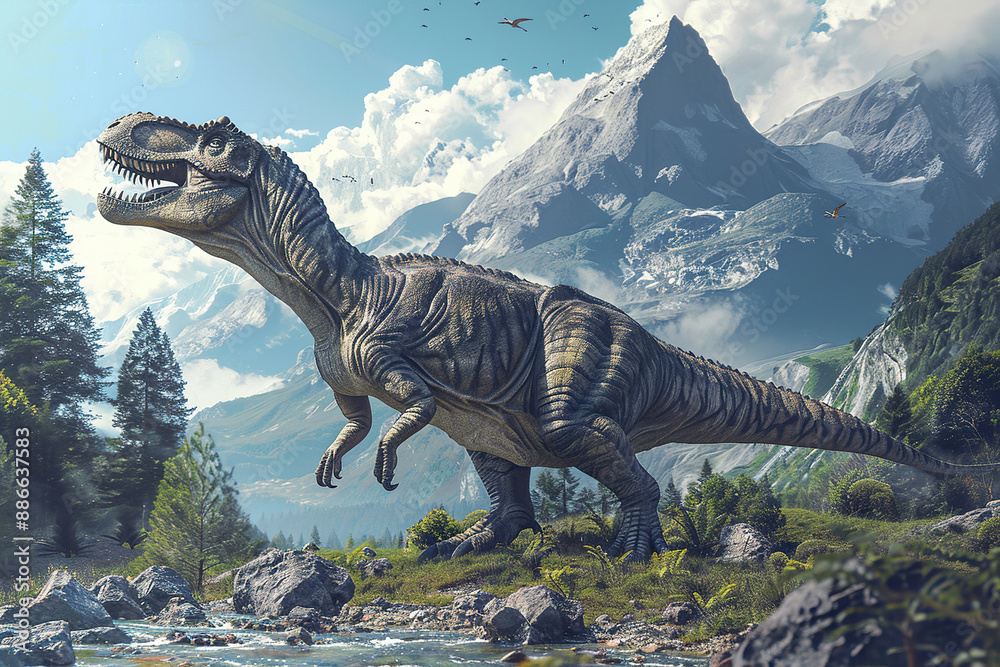 Generative ai on theme of big scary hungry dinosaur with kind eyes and sharp teeth destroying park Generative ai on theme of big scary hungry dinosaur with kind eyes and sharp teeth destroying park
