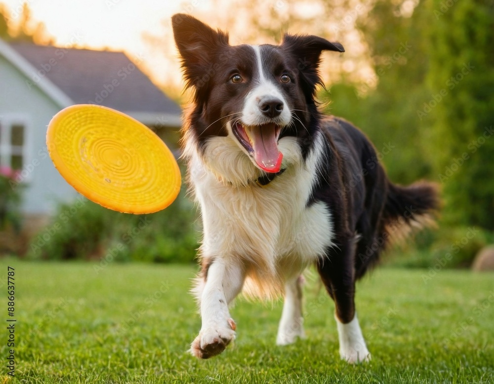 Fototapeta premium A dog playing with frisbee in backyard. Generative ai.