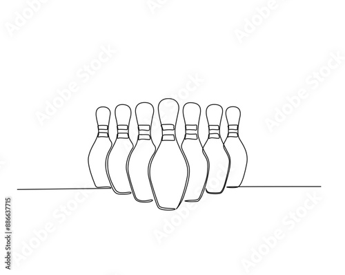 Continuous one line drawing of bowling pins. Bowling sport game simple outline illustration. Editable line vector