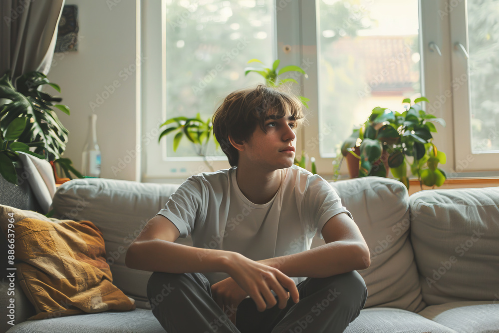 Sad teenager in a yellow hoodie sitting on a couch, looking away Sad teenager in a yellow hoodie sitting on a couch, looking away