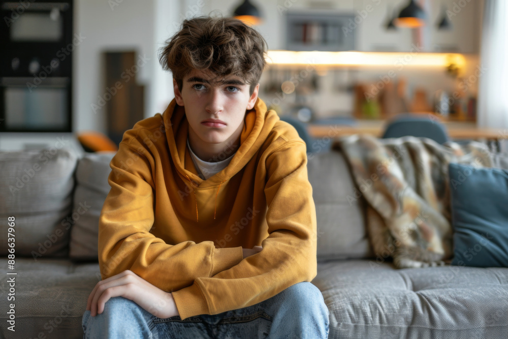 Sad teenager in a yellow hoodie sitting on a couch, looking away Sad teenager in a yellow hoodie sitting on a couch, looking away