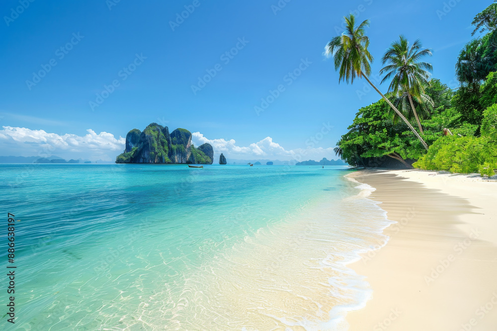 Naklejka premium Tropical beach with crystal-clear waters and a sunny blue sky.