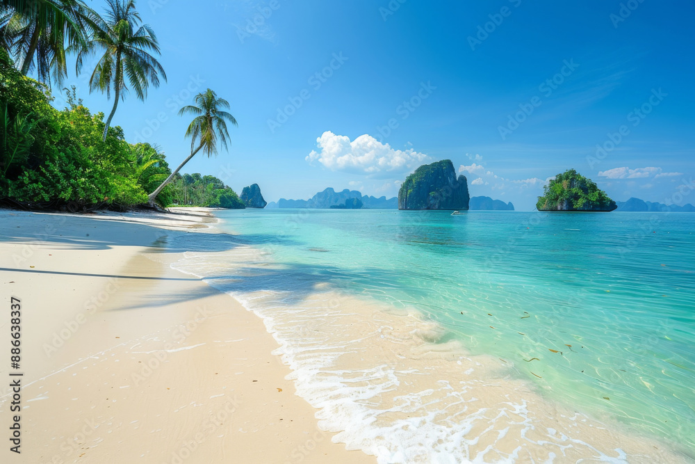 Fototapeta premium Tropical beach with crystal-clear waters and a sunny blue sky.