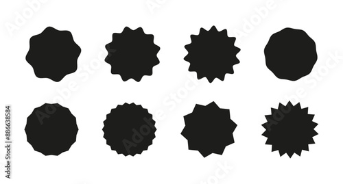 Circle sticker. Black badges. Star burst shapes tags for price. Wavy edge promo. Blank round sale stickers templates. Abstract silhouette icons. Flat simple vintage labels. Graphic illustration.