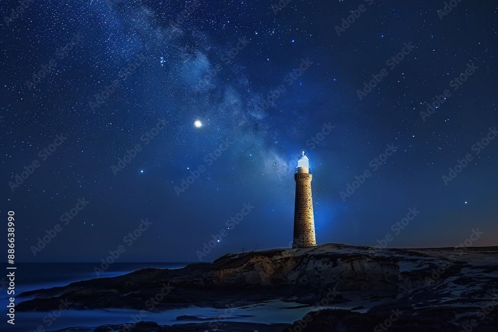 Generative ai on theme of large retro lighthouse with beam of bright light shining out to blue sea Generative ai on theme of large retro lighthouse with beam of bright light shining out to blue sea