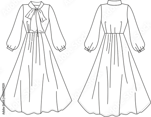 This long dress technical drawing features detailed representations of the silhouette, seams, and design elements. Ideal for fashion designers and garment makers, it ensures accurate interpretations f