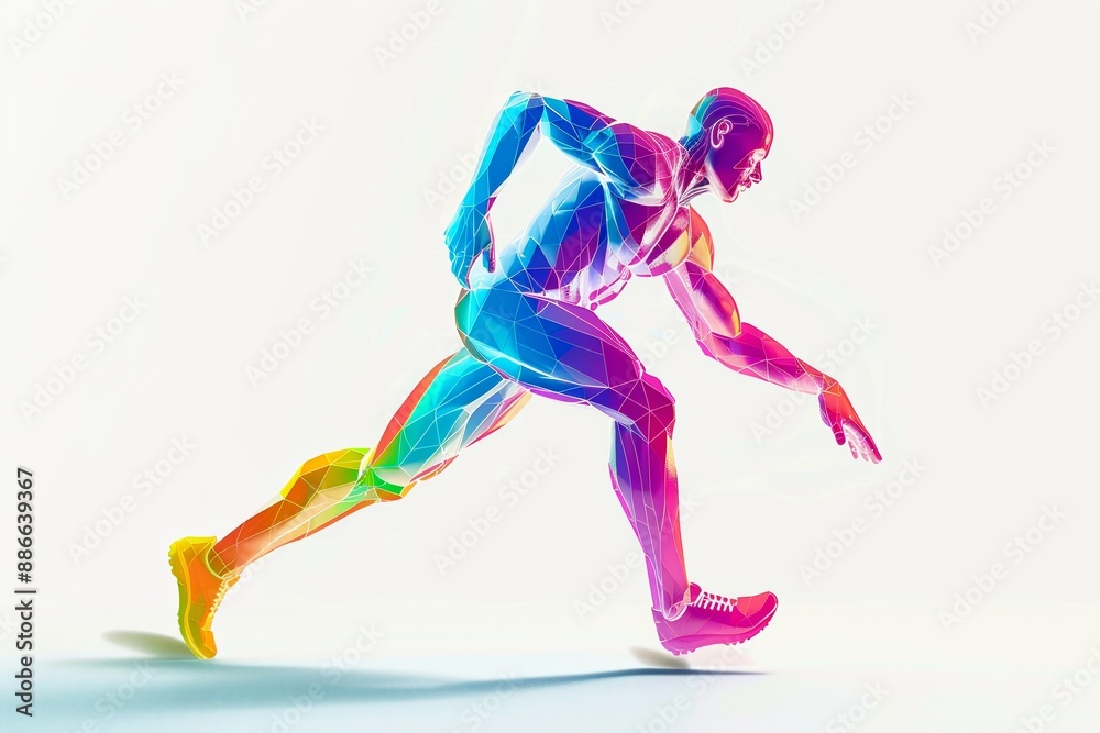 Fototapeta premium Colorful digital art of an athletic running figure in motion, dynamic energy captured in vibrant abstract design, modern sports concept