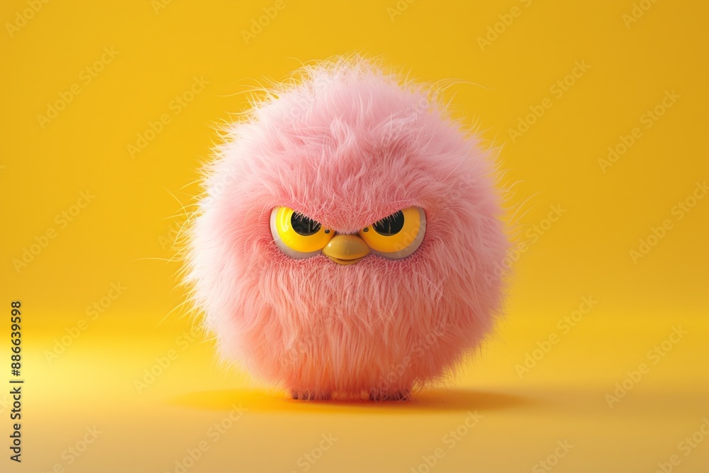 Fototapeta premium Angry pink fluffy creature on yellow background angry concept