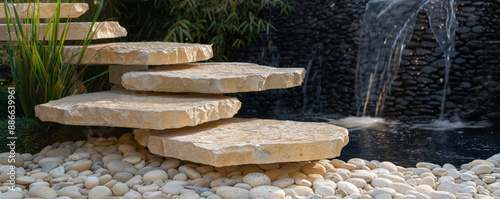 A multi-tiered stone podium with a rough, unpolished texture, set against a backdrop of cascading pebbles. The tiered design creates a visually engaging display. photo