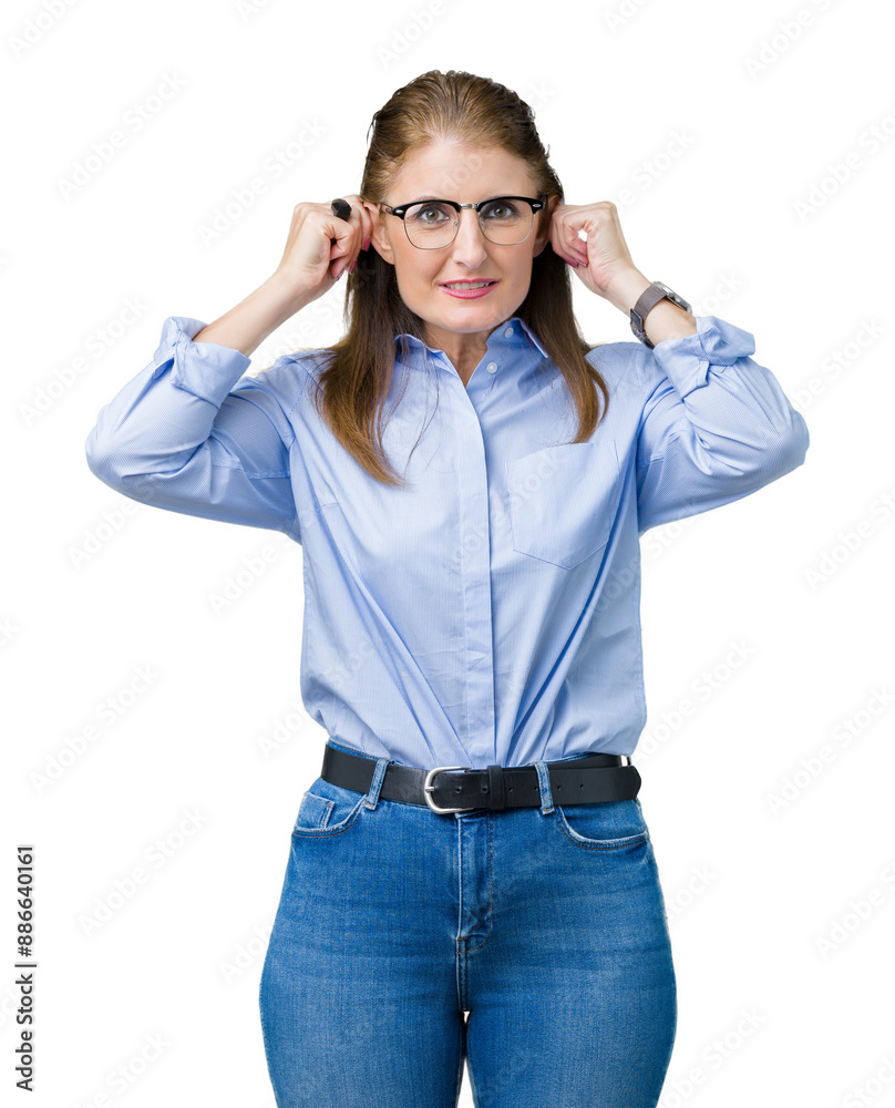 Beautiful middle age mature business woman wearing glasses over isolated background Smiling pulling ears with fingers, funny gesture. Audition problem Beautiful middle age mature business woman wearing glasses over isolated background Smiling pulling ears with fingers, funny gesture. Audition problem
