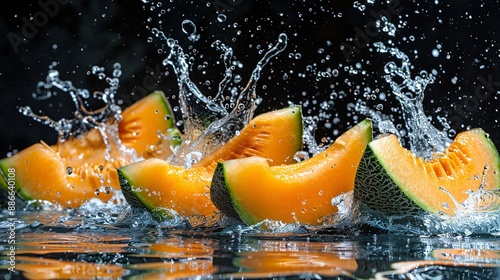 close up of cantaloupe slices dropping into water creating a refreshing splash on a black background emphasizing their vibrant color and sweetness Stock Photo with copy space