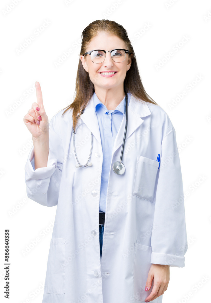 Middle age mature doctor woman wearing medical coat over isolated background showing and pointing up with finger number one while smiling confident and happy. Middle age mature doctor woman wearing medical coat over isolated background showing and pointing up with finger number one while smiling confident and happy.