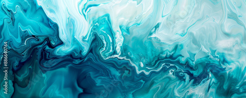 Abstract fluid art background with cool, calming shades of blue and turquoise, flowing together to create a serene, water-like effect with smooth transitions and ripples.