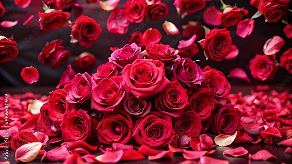 Flying petals and red roses on a red background with copy space. Creative floral levitation in the air nature layout. Spring blossom concept for wedding, women, Mother, 8 March, Valentine's day Flying petals and red roses on a red background with copy space. Creative floral levitation in the air nature layout. Spring blossom concept for wedding, women, Mother, 8 March, Valentine's day