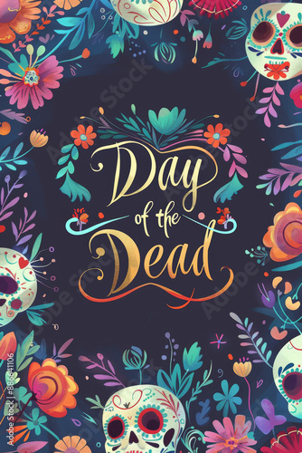 Day of the dead celebration background with colorful sugar skulls and flowers
