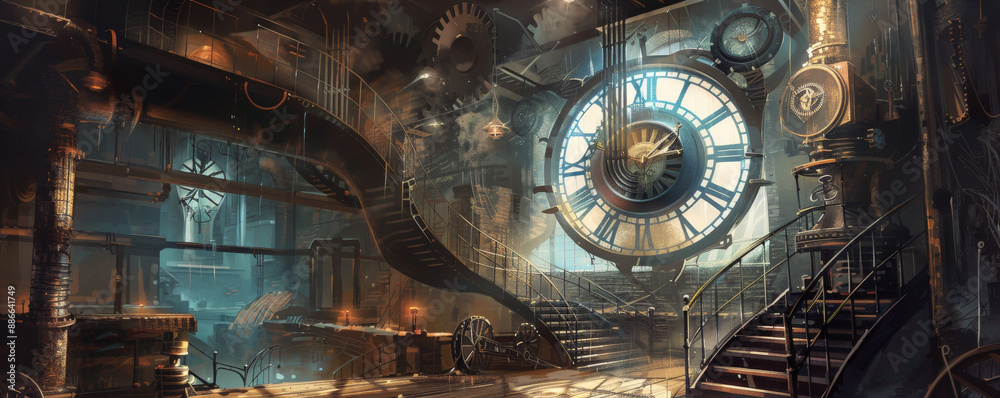 A steampunk clock tower interior, with a giant clock face, intricate ...