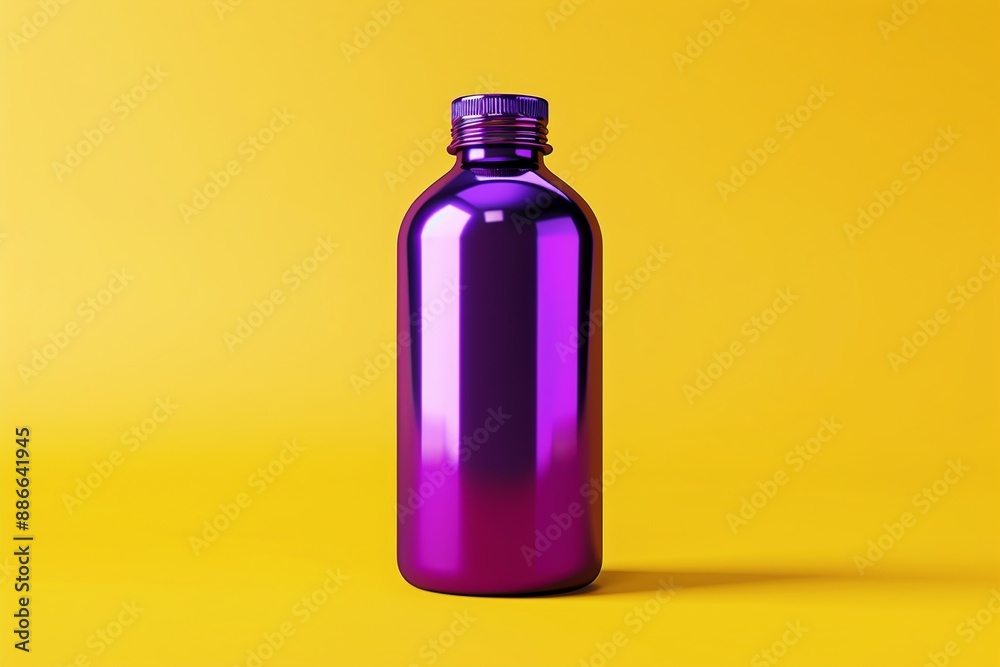 Purple metallic bottle, isolated, on vivid yellow background, sleek design, colorful, vibrant image, reflective surface, minimal aesthetic, modern style, product display concept Purple metallic bottle, isolated, on vivid yellow background, sleek design, colorful, vibrant image, reflective surface, minimal aesthetic, modern style, product display concept