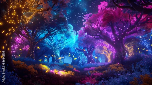 Surreal neon forest featuring vibrant trees and glowing fireflies, casting a magical light in a whimsical fantasy landscape.