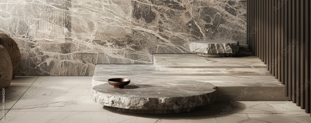 A sleek stone podium with a matte finish, set against a backdrop of flat, stacked stones. The modern setup is perfect for showcasing minimalist products. A sleek stone podium with a matte finish, set against a backdrop of flat, stacked stones. The modern setup is perfect for showcasing minimalist products.