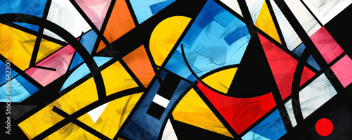 Abstract background with bold, intersecting lines and geometric shapes in bright, primary colors, forming a playful, dynamic composition with high contrast and energy. photo