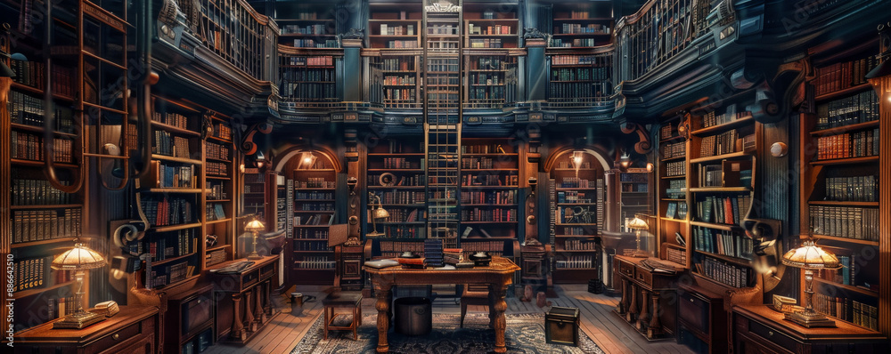 A steampunk-themed library with towering bookshelves, rolling ladders, and brass reading lamps. The room is quiet and filled with the smell of old books and polished wood.