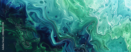 Abstract fluid art background with cool tones of greens and blues flowing together, forming a serene, nature-inspired pattern with smooth transitions and organic shapes. © wolfhound911