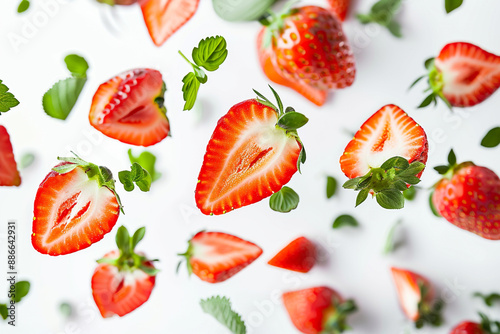 Strawberries and half slices with green leaves, captured floating in the air against a white background.