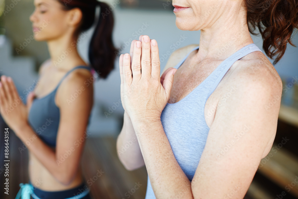 Woman, yoga and hands together in class with meditation for calm or zen with lotus pose for breath exercises. Wellness, peaceful mind and relax with spiritual for health with serene for namaste. Woman, yoga and hands together in class with meditation for calm or zen with lotus pose for breath exercises. Wellness, peaceful mind and relax with spiritual for health with serene for namaste.