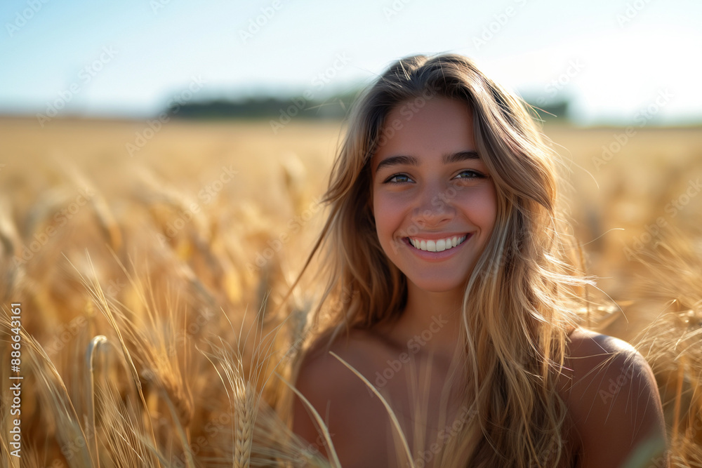 Happy beautiful woman smiling in a wheat field, Delightful female enjoying summertime sunny day.