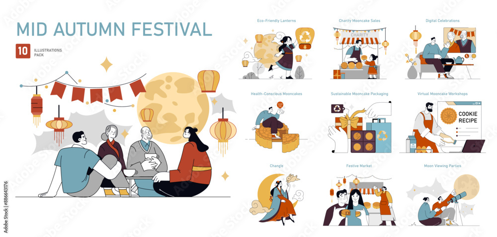 Naklejka premium Mid Autumn Festival. Flat Vector Illustration