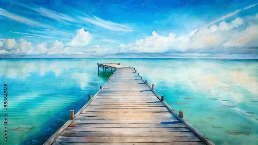 Serenity abounds in this calm seascape featuring a weathered wooden pier stretching into the distance, turquoise water, and a clear blue sky. Serenity abounds in this calm seascape featuring a weathered wooden pier stretching into the distance, turquoise water, and a clear blue sky.