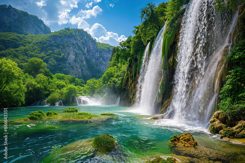 Generative ai on theme of beautiful majestic waterfall in natural nature, national park attraction