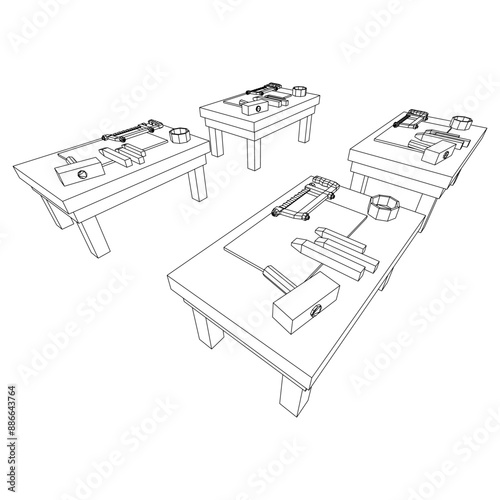 Craft carpentry workbench workshop interior. Wireframe low poly mesh vector illustration