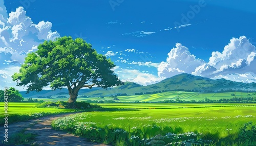 landscape japan green field and tree art anime