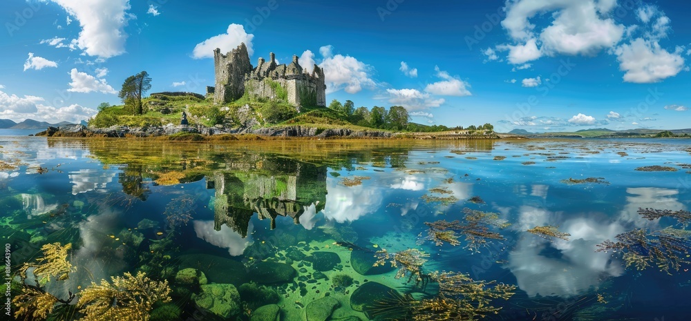 Fototapeta premium Castle Ruins Reflecting on Calm Waters
