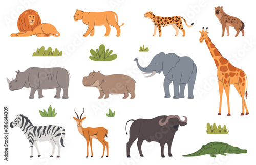 Set of African animals in zoo enclosures. Savanna fauna, predators and herbivores. Exotic animals. Vector illustration