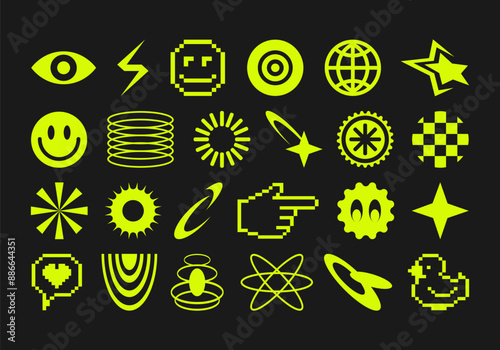 Wallpaper Mural Bright and playful Pixels Y2k stickers. Retro futuristic design elements in the spirit of 90s aesthetics. Collection neon 8-bit icons. User interface. Templates for notes, posters, banners, stickers. Torontodigital.ca