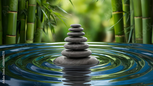 Stack of smooth stones in rippling water, blurred background of green bamboo plants, serene and balanced. photo