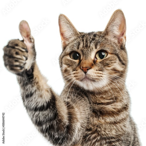 Brown cat giving thumbs up, isolated on white background.