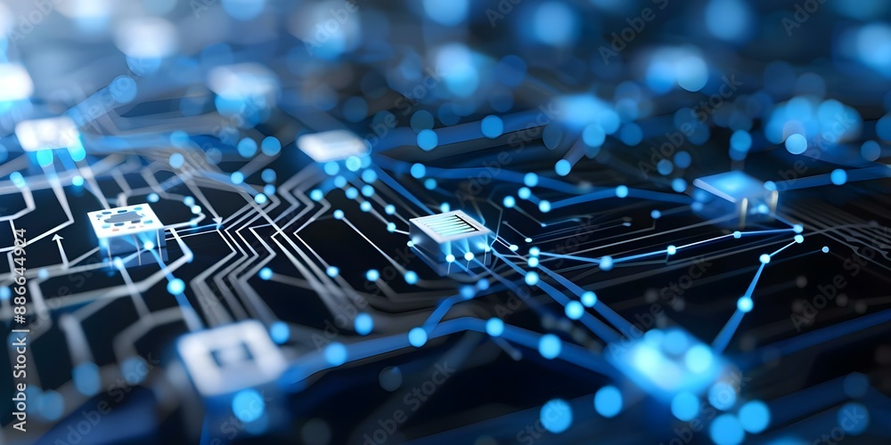 Obraz premium Illustration of an Interconnected IoT Network with Nodes, Devices, and Connections. Concept Internet of Things, Network Illustration, Connected Devices, IoT Nodes, Data Connections