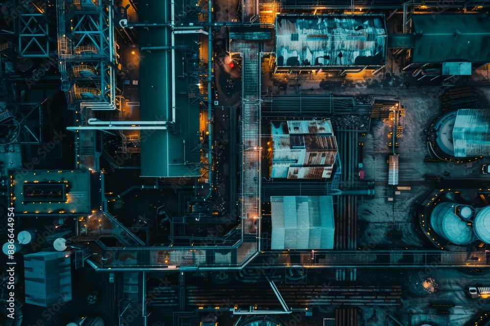 Aerial View of Complex Seafood Processing Facility Showing Machinery and Equipment Network Aerial View of Complex Seafood Processing Facility Showing Machinery and Equipment Network