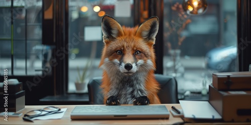 A fox is seen sitting at a desk inside a cozy room filled with books, creating a whimsical and intellectually evocative scene. photo