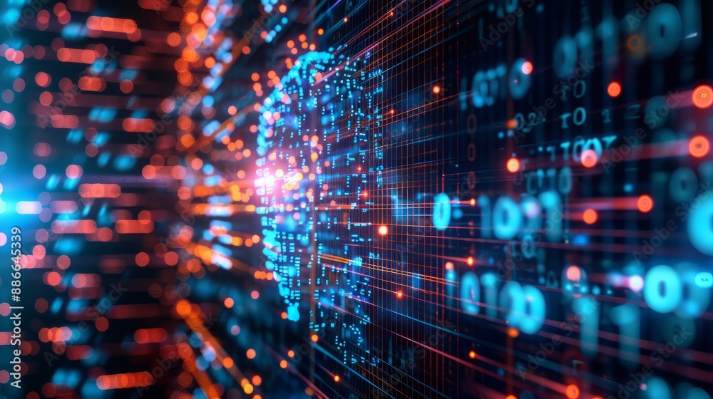 The digital background applies to technical processes, neural networks, artificial intelligence, data transmission and encryption, digital archives, sound and graphic presentations, science, education The digital background applies to technical processes, neural networks, artificial intelligence, data transmission and encryption, digital archives, sound and graphic presentations, science, education