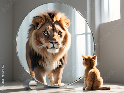 A small cat and kitten sat looking in the mirror, but the reflection in the mirror was a mighty and majestic lion. photo